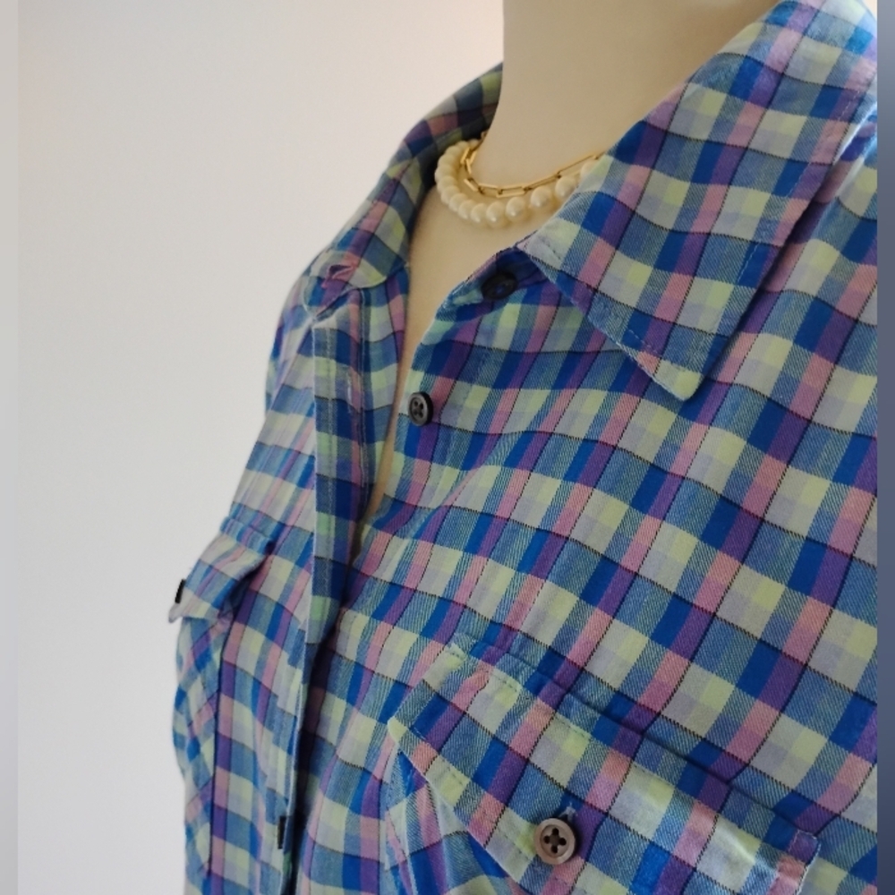 Talbots 100% Cotton Plaid Button Up Shirt Blue Purple Colorful Classic Sz Large - Picture 7 of 15